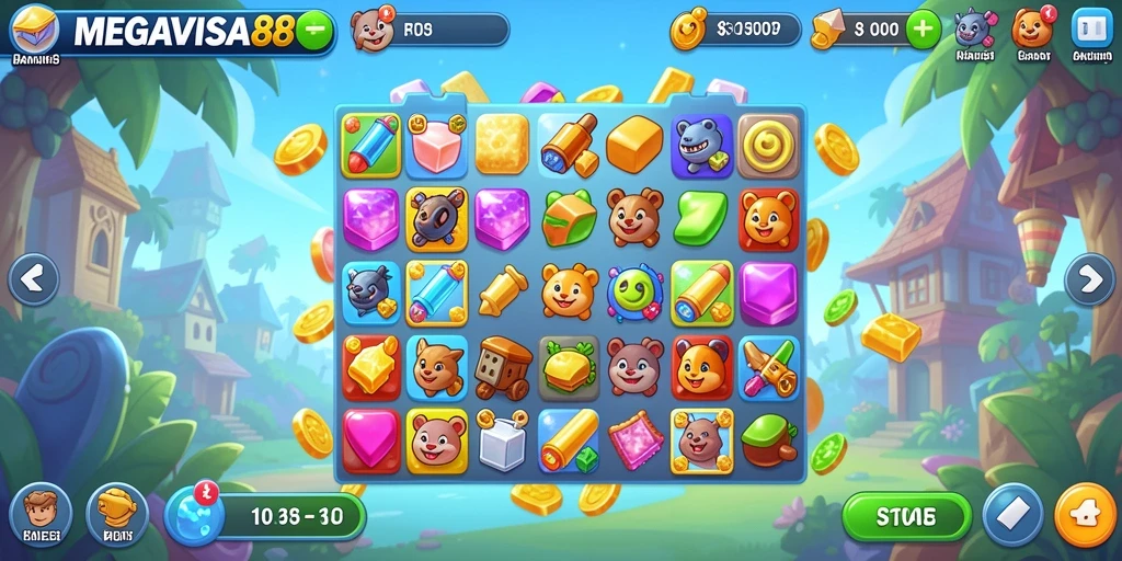 Tampilan gameplay seru dari MEGAVISA88 dalam aksi Match-3.
