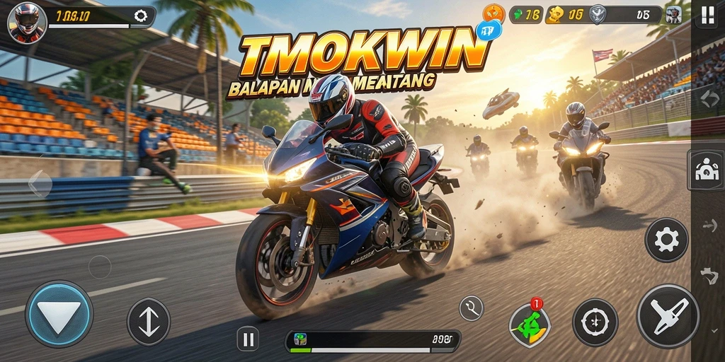 Screenshot utama TMOKWIN menampilkan balapan motor yang cepat dan seru.