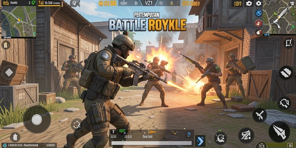 Tangkapan layar V21 menampilkan aksi epic dalam gameplay Battle Royale.